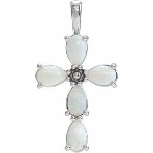 14K White Natural White Opal Cabochon Cross Pendant-Natural White Opal-5 X 3 Mm