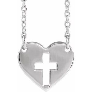14K White Pierced Cross Heart 16-18" Necklace-16-18 In-Polished