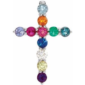 14K White Natural Multi-Gemstone & .03 CT Natural Diamond Cross 16-18" Necklace-Natural Multi-Gemstone-14.6 X 10.5 Mm