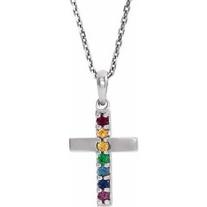 14K White Natural Multi-Gemstone Cross 16-18" Necklace-Natural Multi-Gemstone-1.5 Mm