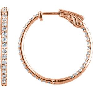 14K Rose 1 CTW Natural Diamond Inside-Outside 26.5 mm Hinged Hoop Earrings-Round-26.5 Mm