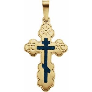 14K Yellow 19x13 mm Blue Enamel Orthodox Cross Pendant-Polished