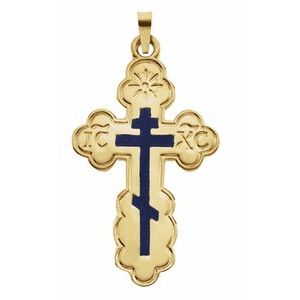 14K Yellow 32x21 mm Blue Enamel Orthodox Cross Pendant-Polished