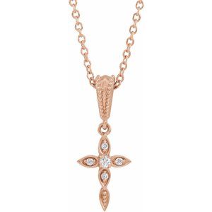 14K Rose .03 CTW Natural Diamond Petite Vintage-Inspired 16-18" Cross Necklace-Natural Diamond-1.5Mm :: 0.03 Ctw