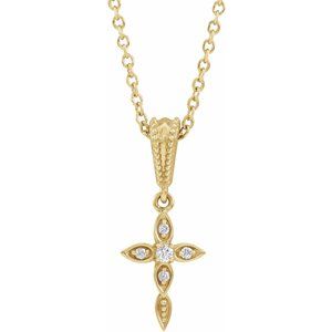 14K Yellow .03 CTW Natural Diamond Petite Vintage-Inspired 16-18" Cross Necklace-Natural Diamond-1.5Mm :: 0.03 Ctw