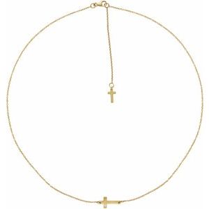 14K Yellow .01 CT Natural Diamond Sideways Cross Necklace-Natural Diamond-1.3Mm :: .01 Ct