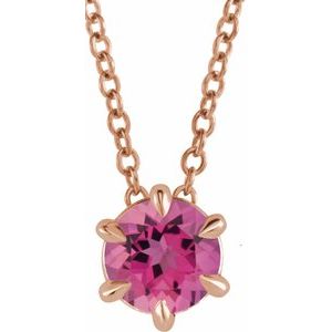 14K Rose 5 mm Natural Pink Tourmaline Solitaire 16-18" Necklace-Natural Pink Tourmaline-5 Mm
