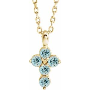 14K Yellow Natural Aquamarine Cross 16-18" Necklace-Round-2 Mm