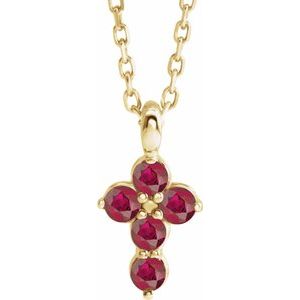 14K Yellow Natural Ruby Cross 16-18" Necklace-Round-2 Mm