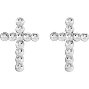 14K White Beaded Cross Earrings-Friction Backs Included-Polished