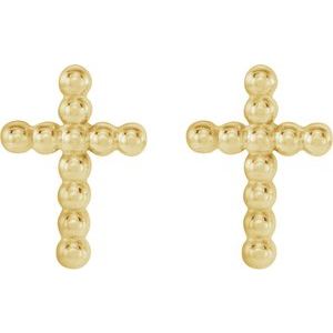 14K Yellow Beaded Cross Earrings-Friction Backs Included-Polished