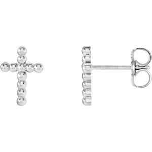 14K White Beaded Cross Earrings-Friction Backs Included-Polished