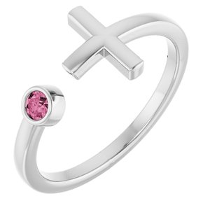14K White Natural Pink Tourmaline Negative Space Cross Ring-Round-2.5 Mm