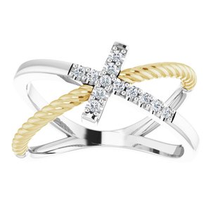 14K White/Yellow 1/10 CTW Natural Diamond Cross Rope Ring-Round-1.3 Mm