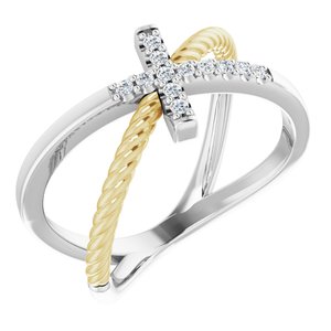 14K White/Yellow 1/10 CTW Natural Diamond Cross Rope Ring-Round-1.3 Mm
