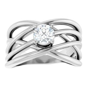 14K White 1/2 CT Natural Diamond Criss-Cross Ring-Round-5.2 Mm