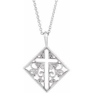 14K White Ornate Pierced Cross 16-18" Necklace-16-18 In-Polished