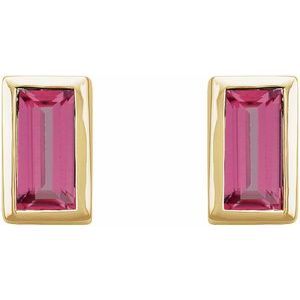 14K Yellow Natural Pink Tourmaline Bezel-Set Earrings-Pair-4 X 2 Mm
