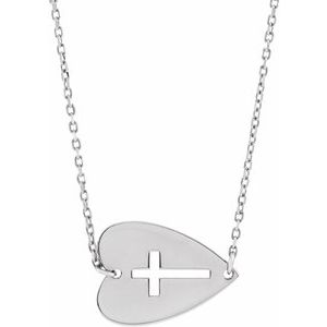 Sterling Silver Sideways Heart with Pierced Cross 18" Necklace-18 In-Polished