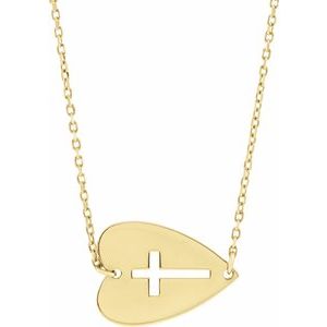 14K Yellow Sideways Heart with Pierced Cross 18" Necklace-18 In-Polished