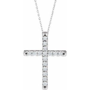 14K White 3/4 CTW Lab-Grown Diamond French-Set Cross 16-18" Necklace-Lab-Grown Diamond-2.4Mm :: 3/4 Ctw