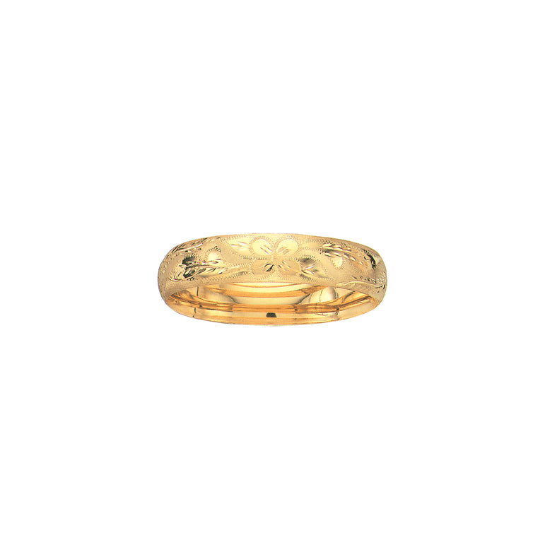 14K Gold 13.5mm Floral Design Bangle-Yellow | Box