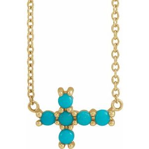 14K Yellow Natural Turquoise Sideways Cross 18" Necklace-Natural Turquoise-2 Mm
