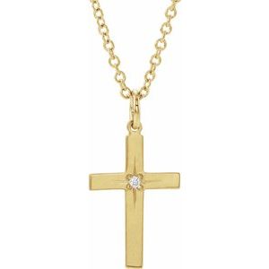 14K Yellow .0075 CT Natural Diamond Cross 18" Necklace-Natural Diamond-13 X 9 Mm