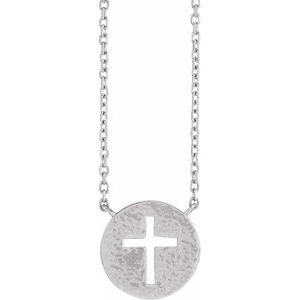 Sterling Silver Pierced Cross Hammered Disc 18" Necklace-18 In-Polished