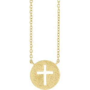 14K Yellow Pierced Cross Hammered Disc 18" Necklace-18 In-Polished