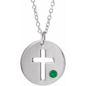 Sterling Silver Imitation Emerald Pierced Cross Disc 16-18" Necklace-Imitation Emerald-2 Mm