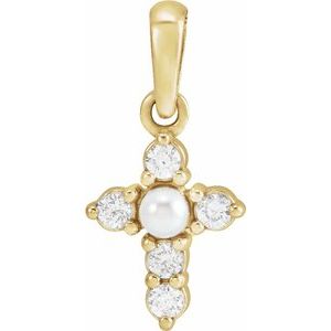 14K Yellow Cultured White Seed Pearl & .07 CTW Natural Diamond Cross Pendant-Cultured White Seed Pearl-2Mm :: 0.07 Ctw