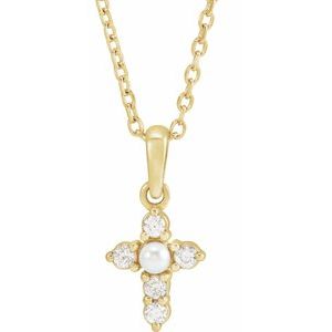 14K Yellow Cultured White Seed Pearl & .07 CTW Natural Diamond Cross 16-18" Necklace-Cultured White Seed Pearl-2Mm :: 0.07 Ctw