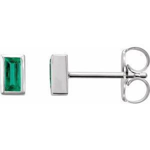 14K White Natural Emerald Bezel-Set Earrings-Pair-4 X 2 Mm