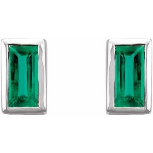 14K White Natural Emerald Bezel-Set Earrings-Pair-4 X 2 Mm