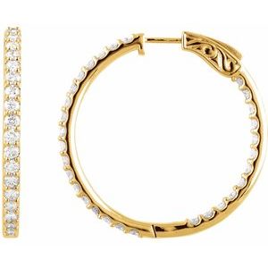 14K Yellow 3 CTW Natural Diamond Inside-Outside 34.5 mm Hinged Hoop Earrings-Round-34.5 Mm