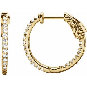 14K Yellow 1/2 CTW Natural Diamond Inside-Outside 19 mm Hinged Hoop Earrings-Round-19 Mm