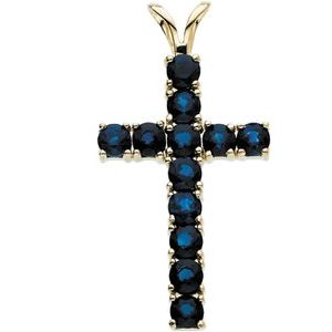 14K Yellow Natural Blue Sapphire Cross Pendant-Natural Blue Sapphire-3 Mm