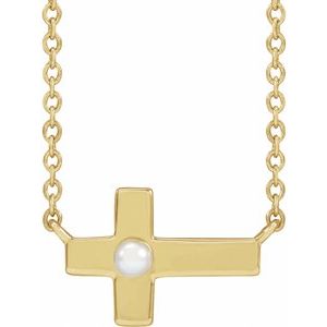 14K Yellow Cultured White Seed Pearl Sideways Cross 16-18" Necklace-Cultured White Seed Pearl-2 Mm