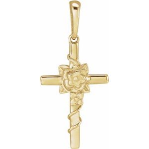 14K Yellow Floral Cross Pendant-Polished