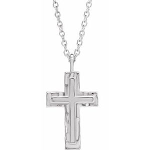 14K White Textured Cross 18" Necklace-18 In-Polished