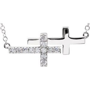 14K White 1/5 CTW Natural Diamond Double Sideways Cross 16-18" Necklace-Natural Diamond-1.5Mm :: 1/5 Ctw