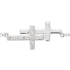 Sterling Silver Imitation Cubic Zirconia Double Sideways Cross 16-18" Necklace-Imitation White Cubic Zirconia-1.5 Mm