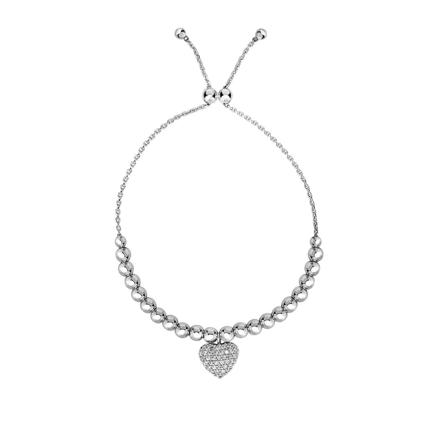 Sterling Silver Heart Bead CZ Charm Friendship Bracelet-White | Draw String