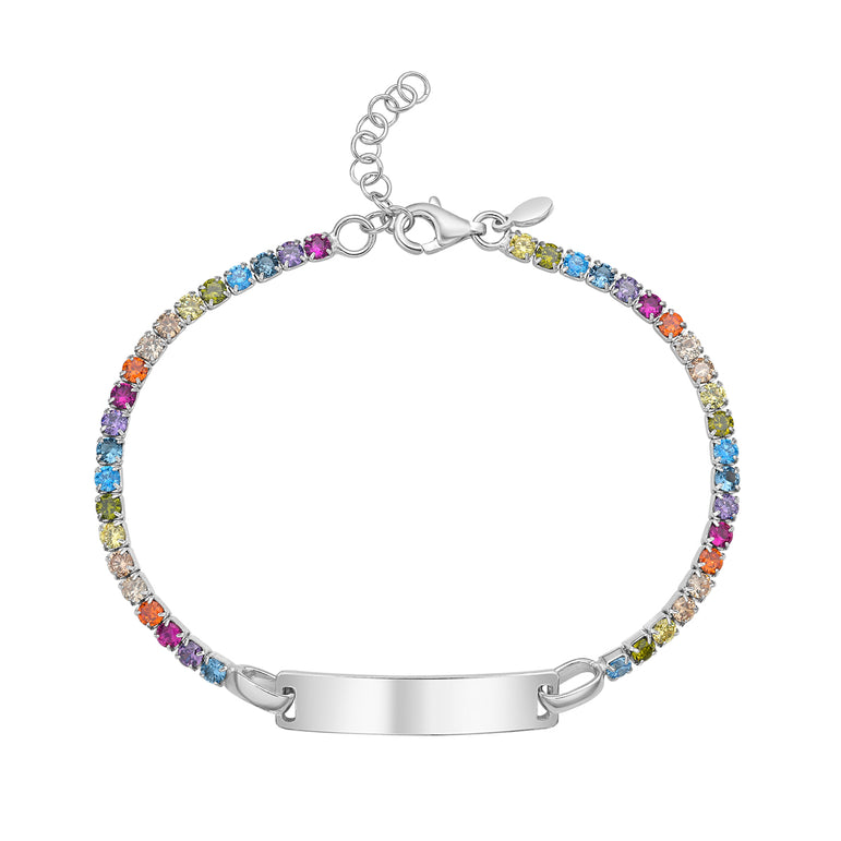 Silver Rainbow CZ ID Bracelet-White | Lobster