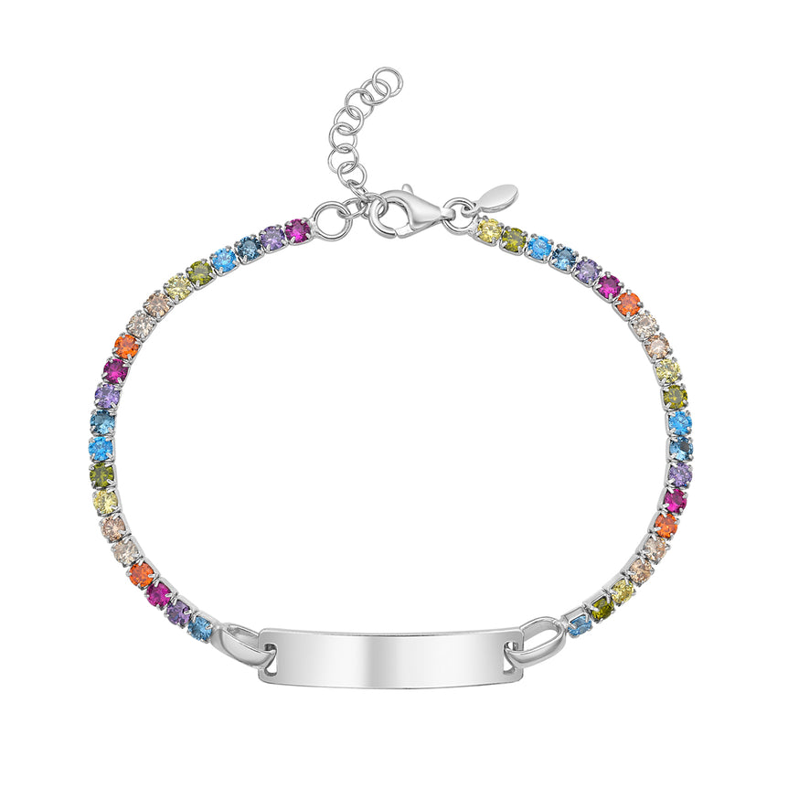 Silver Rainbow CZ ID Bracelet-White | Lobster
