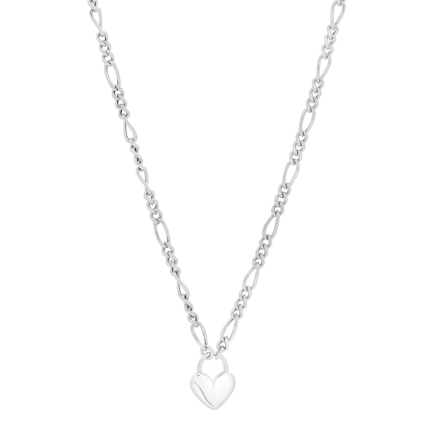 Silver Heart Padlock Figaro Necklace-White | Lobster