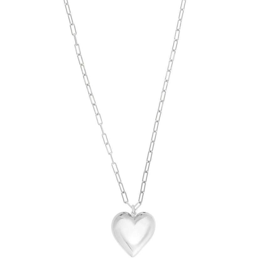 Silver Large Puffed Heart Long Necklace-White | Pear Shaped Lobster
