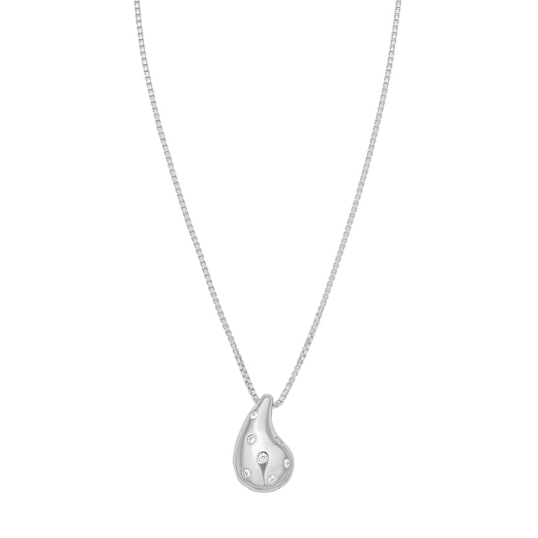 Silver Puffed Raindrop Necklace with CZ-White | Lobster