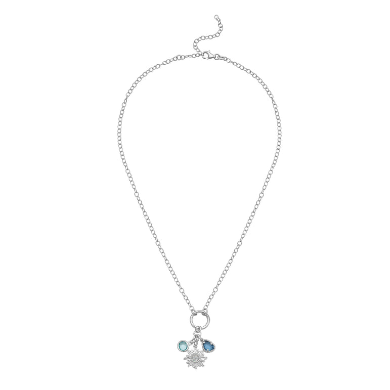 Silver Sunflower CZ Charm Necklace-White | Lobster